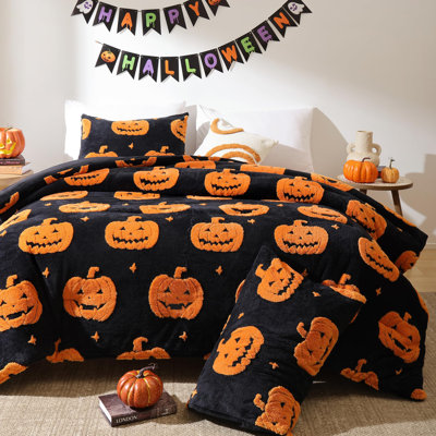Smoofy Halloween Comforter Set 3 Pieces- Pumpkins Black Comforter With Two Pillowcases