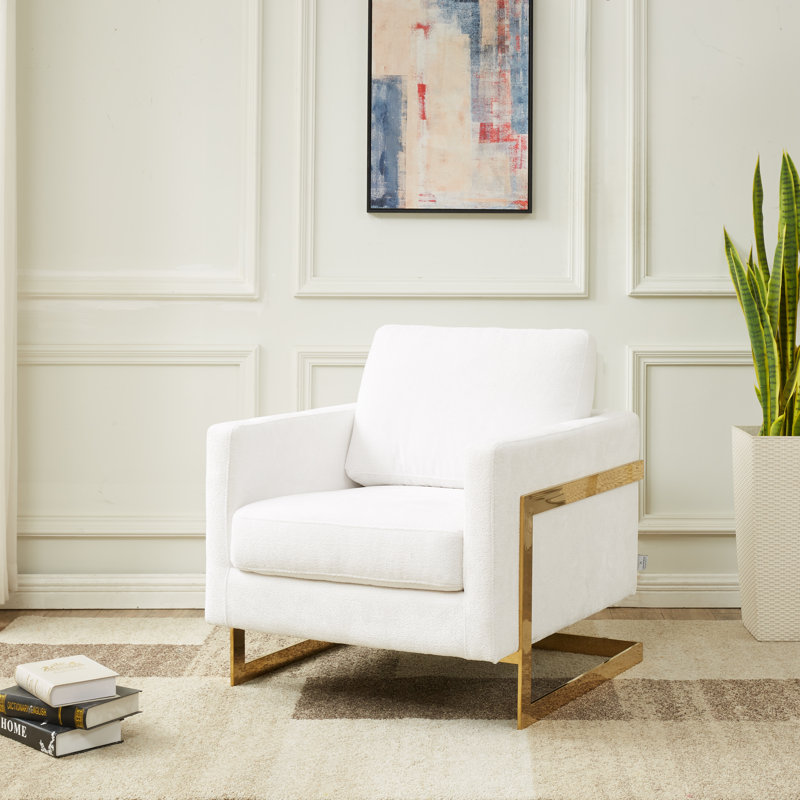 Lincoln Boucle Fabric Accent Armchair with Stainless Steel Frame and Removable Cushion, White, Gold