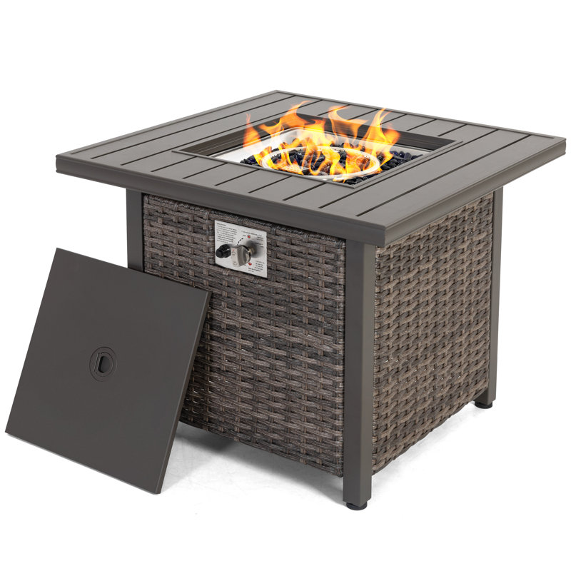  Outdoor 30" Square Rattan Fire Pit Table with  Metal Lid