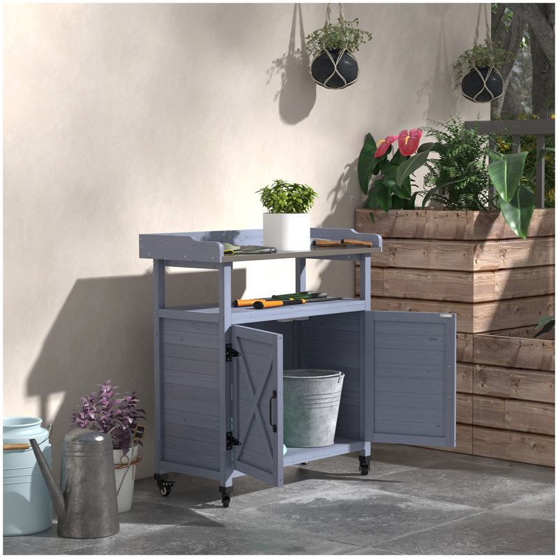 Outsunny Outdoor Potting Bench, Wooden Potting Table with Storage Cabinet, Aluminum Table Top, Rubber Wheels for Backyard, Patio, Balcony, Gray