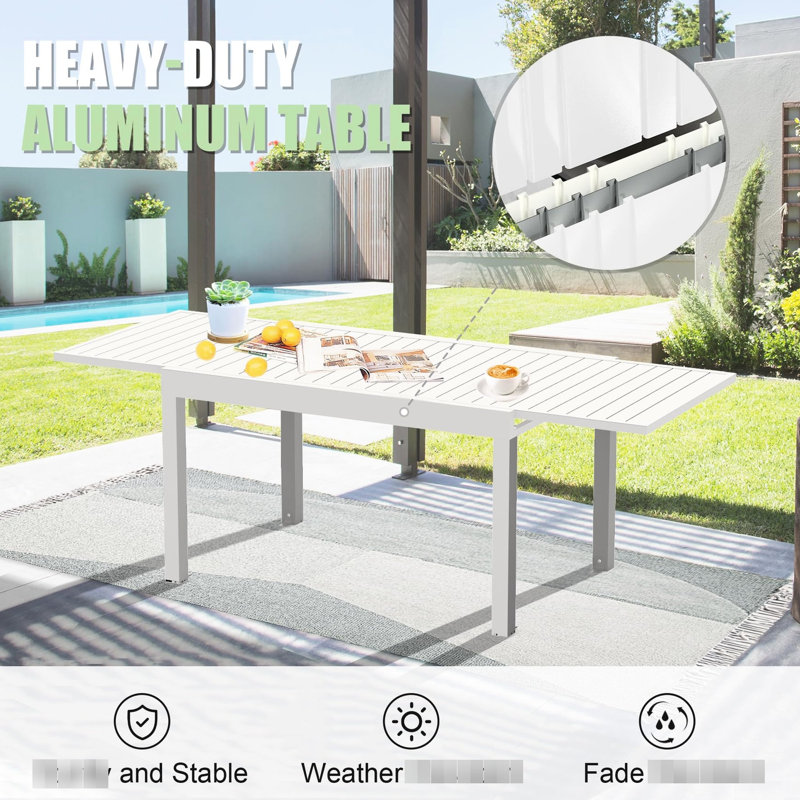 Table de patio ajustable blanche, 35 à 71 po, en aluminium, pour 4 à 6 personnes, avec table en aluminium, 35,4 po, extensible à 70,8 po, surface facile à nettoyer