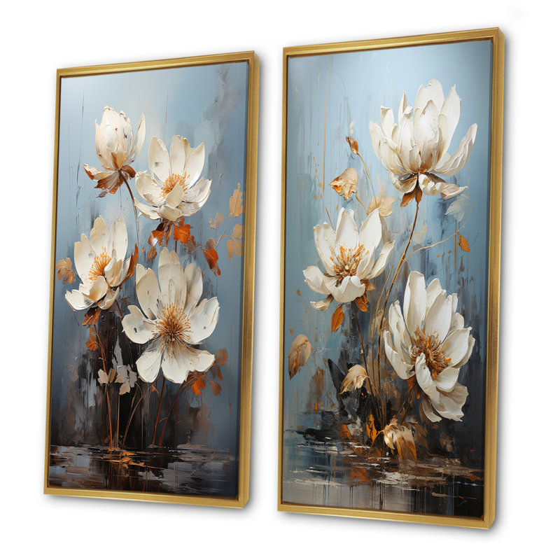 Ensemble de 2 décorations murales lotus lotus au clair de lune, Encadrement doré, H 40 po x l 41 po