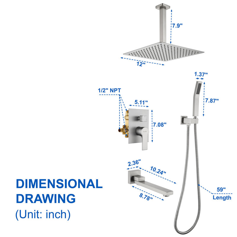 Ceiling Rain Shower System With Tub Spout 3 Function Shower Faucet Set Contain 12 Inch Shower Head And Handheld Shower Trim Kit Valve Cartridge Included