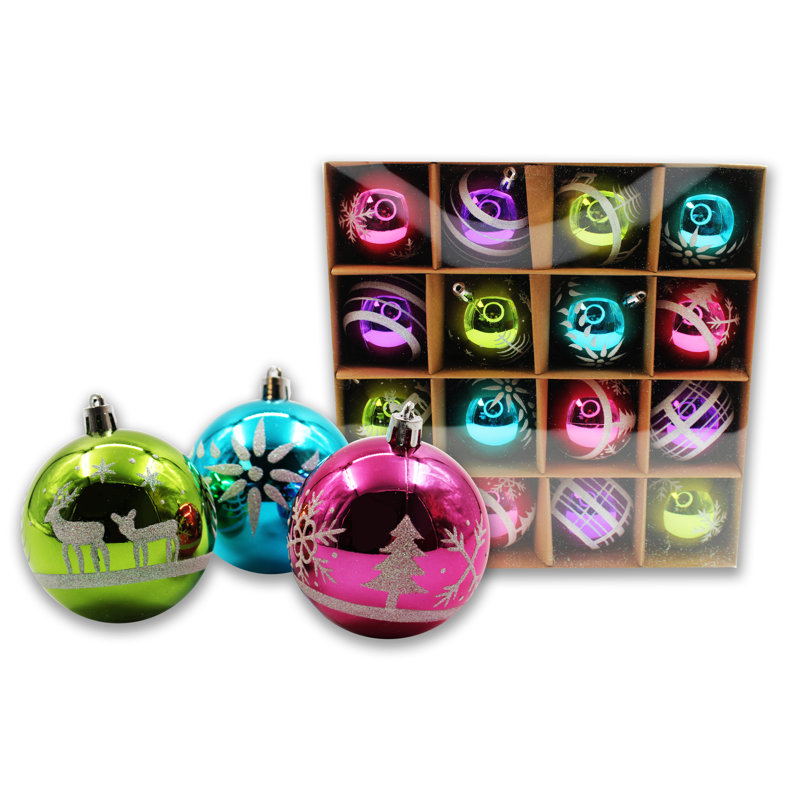 Ensemble d'ornement 16 pièces en forme de boule de Noël arctique, Vert lime / rose vif / mauve / turquoise