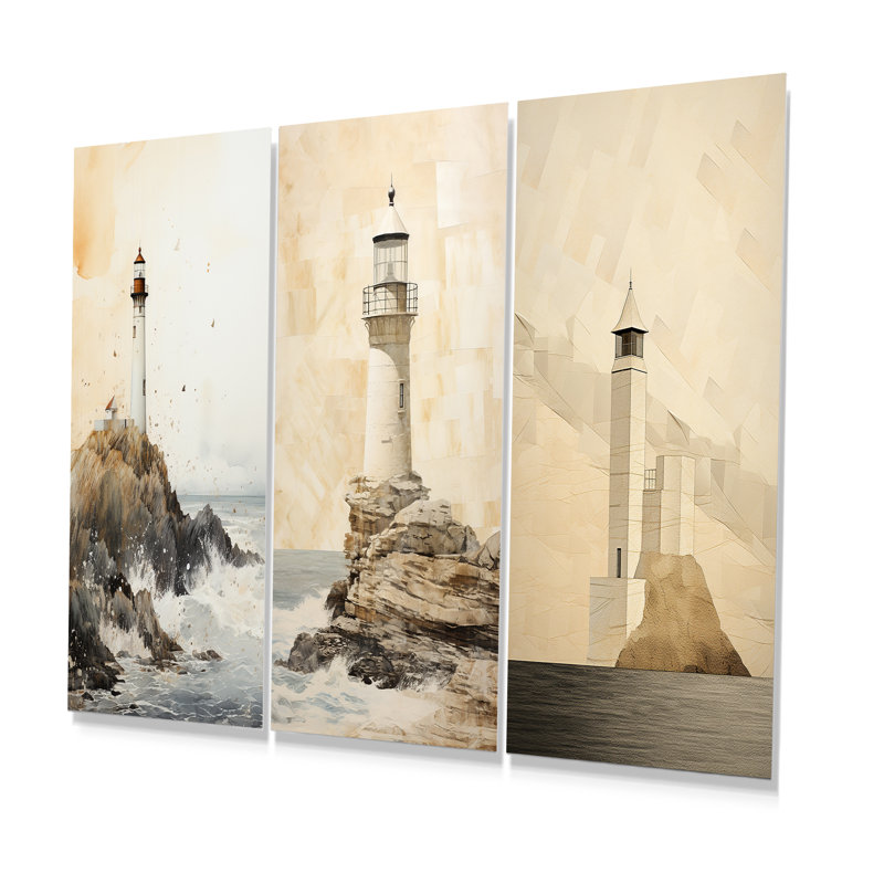 Ensemble de 3 décorations murales en métal Minimal Beige Light House Horizon, H 28 po x l 36 po