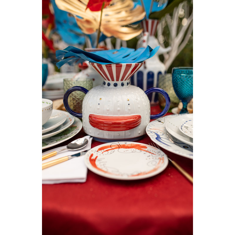 Vase de table en porcelaine 7,56 "blanc / bleu / rouge Folkifunki