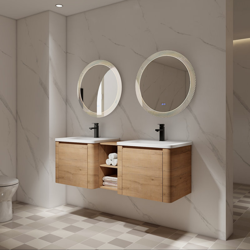 Meuble-lavabo mural avec double lavabo en céramique, rangement ouvert et porte à fermeture en douceur, 60"