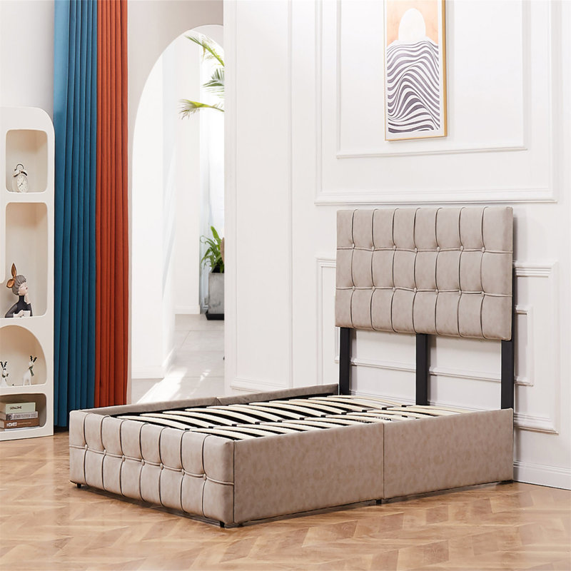 Lit plateforme capitonné avec rangement Floden, Beige, Grand