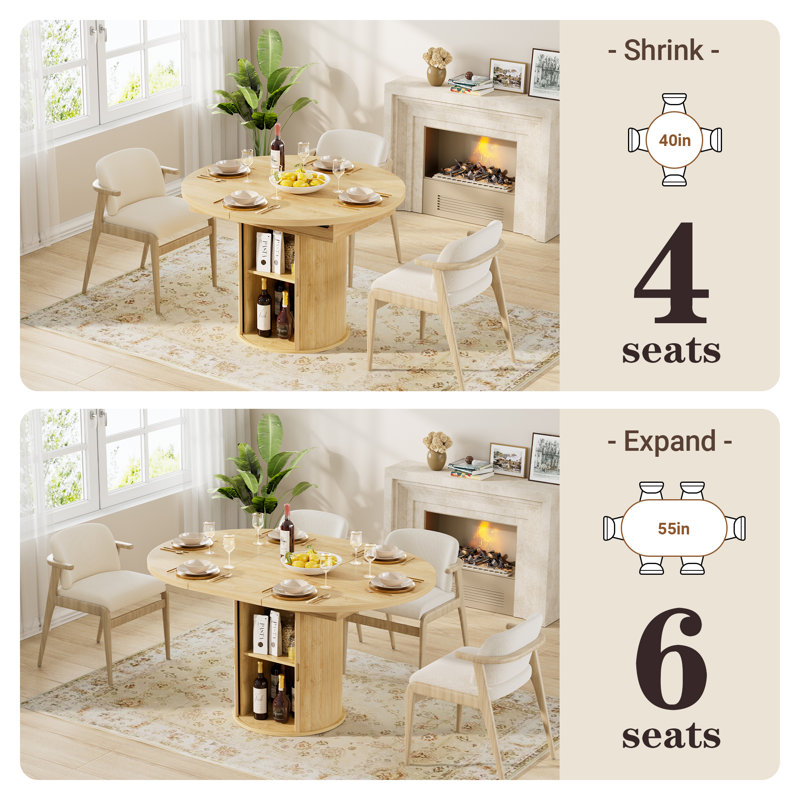 55"W Extendable Round Dining Table for 4–6 with Fluted Base & Large Space Storage Cabinet Oval Dinner Kitchen Table for Kitchens, Dining/Living Rooms
