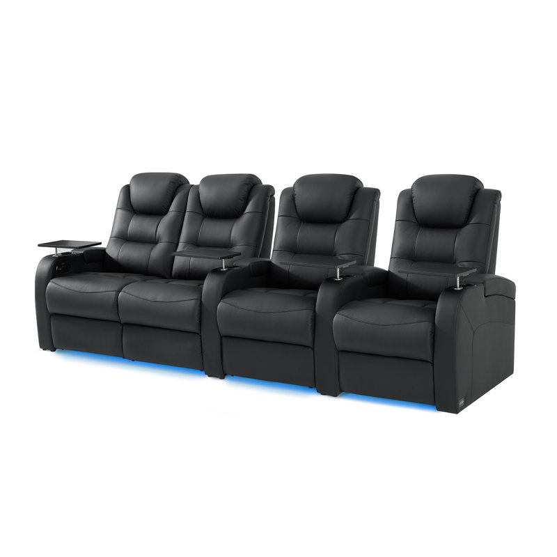 Double fauteuil inclinable de cinéma maison en cuir fleur avec ports USB et de type C, Cuir véritable noir