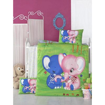 Soft 100% Cotton Ranforce Baby Quilt Cover Set, Green, Blue, Pink & White | Includes Duvet Cover (39.4 x 59.1 in), Flat Sheet (39.4 x 59.1 in), 2 Pillowcases (13.8 x 17.7 in) | 145 Thread Count, Machine Washable, Stylish & Cozy Design
