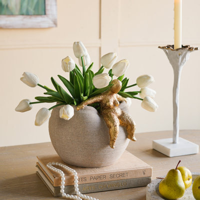 White Resin Planter with Abstract Gold Figurine, 8.8"