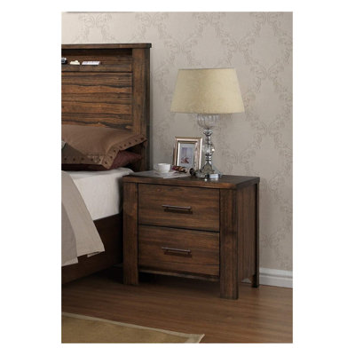 Table de chevet 2 tiroirs en chêne avec quincaillerie métallique, table de chevet contemporaine en bois pour le rangement de la chambre à coucher
