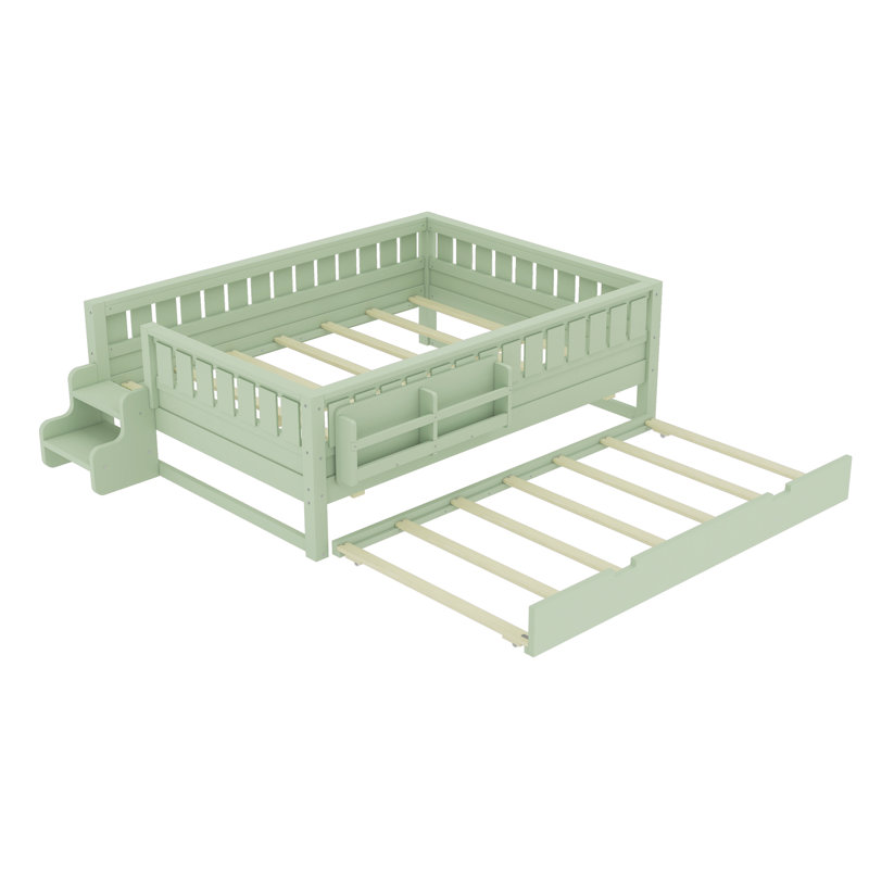 Full Size Bed with Built-in Bookshelves, Small Staircase, High-Quality Safety Rails & Trundle, White, White, Full