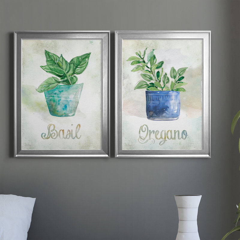 Basilic en pot - Ensemble de 2 peintures sur toiles, H 22,5 po x l 61 po x P 1,5 po, Toile avec cadre argenté