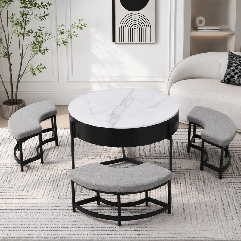 Table basse ronde moderne avec plateau relevable avec rangement et 3 poufs, Noir