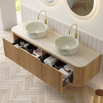 Meuble-lavabo 60 po avec lavabo à rayures 60 po, 2 lavabos ronds en céramique avec motif en pierre et plateau en pierre frittée à motif de travertin, pré-assemblé