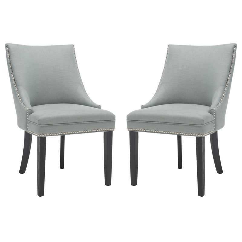 Ardelis 19.7'' H Leather Upholstered Side Chair, Rustic Black, Light Blue Linen Fabric