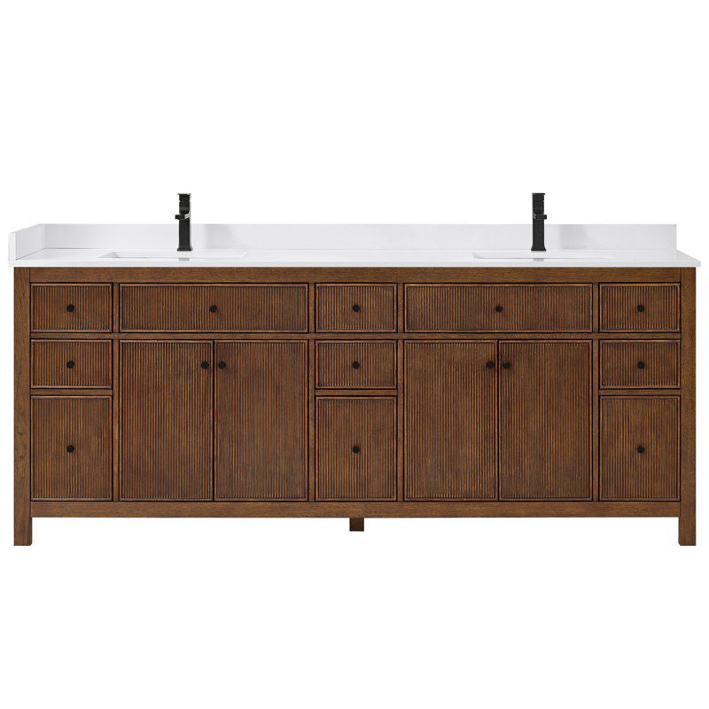 Pendry 84" Freestanding Double Bathroom Vanity with Top, Dark Walnut, Brushed Gold, Carrara Cultured Marble