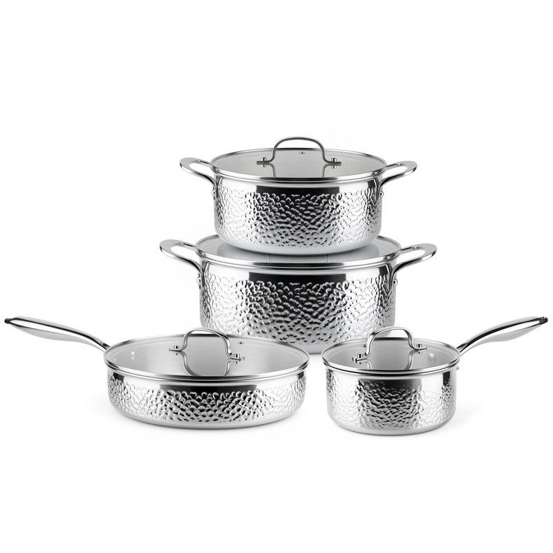 Ensemble de 8 pièces de batterie de cuisine Caannasweis en acier inoxydable martelé triple couche