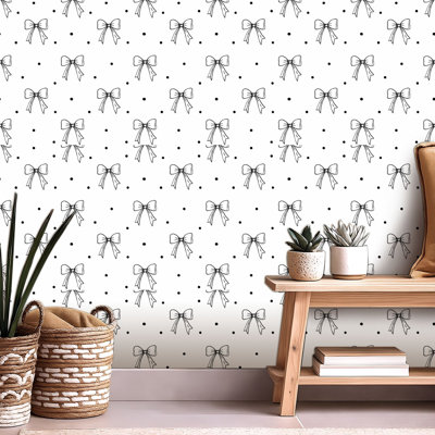Peel and Stick Wallpaper Contact Paper Ribbon bow seamless print white black holiday Cute crayon bows Simple Self Adhesive and Removable 24in x 118in(60x300cm)