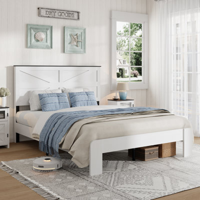 Structure de lit double Farmhouse avec tête de lit, structure de lit plateforme en bois avec lattes en métal - blanc