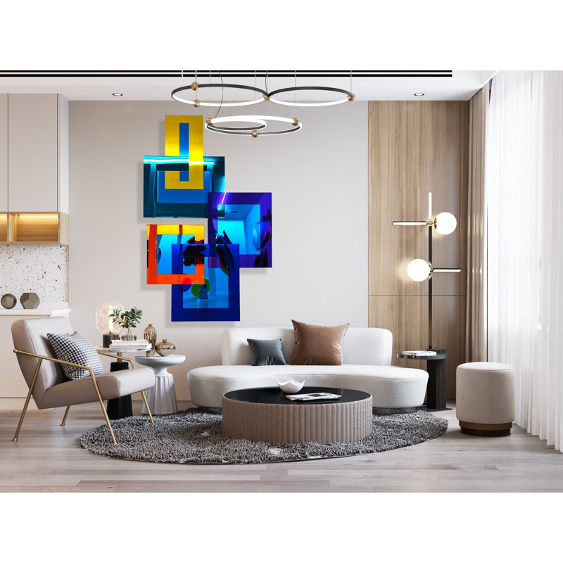 Miroir géométrique bleu, art mural contemporain