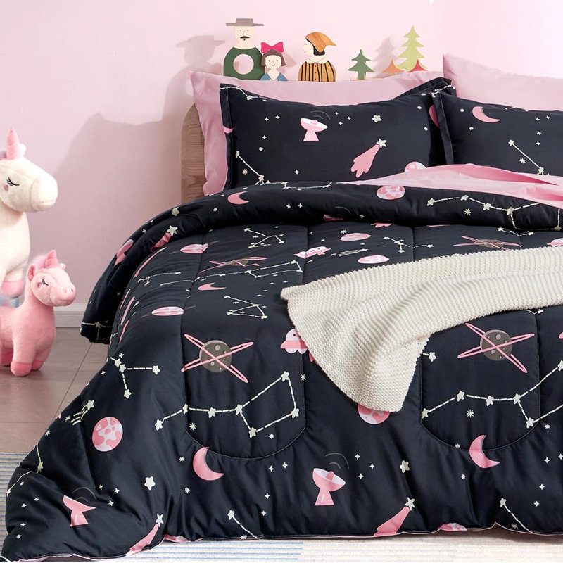 Kids Space Rocket Bedding Set, Full/Queen, Pink Galaxy Pink/Black