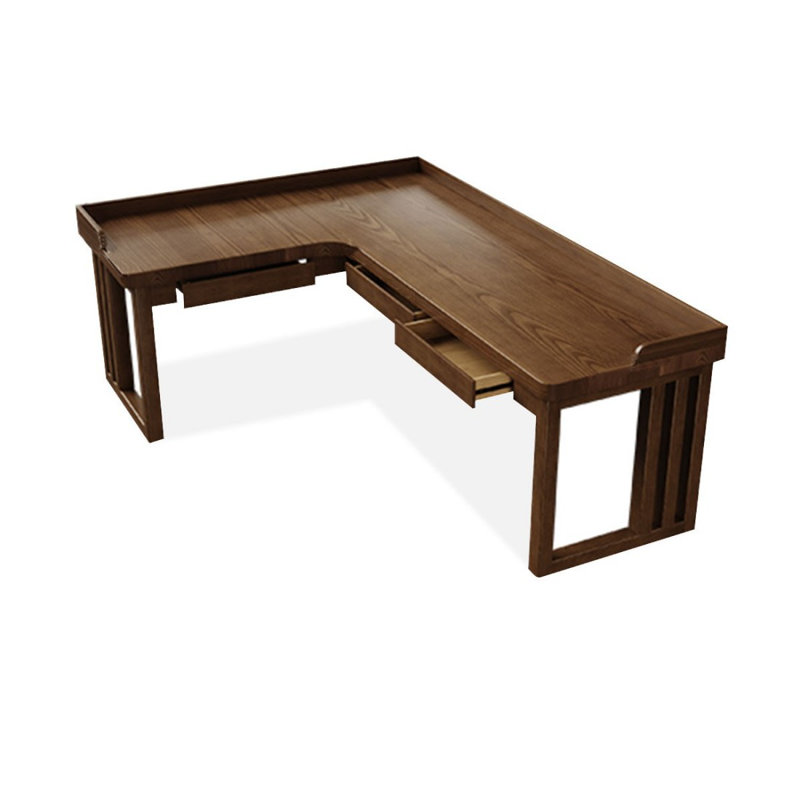 Light chestnut color L-Shaped Solid Wood Writing desk with drawers desk, 29.53" H x 70.87" W x 55.12" D, Left Hand Return