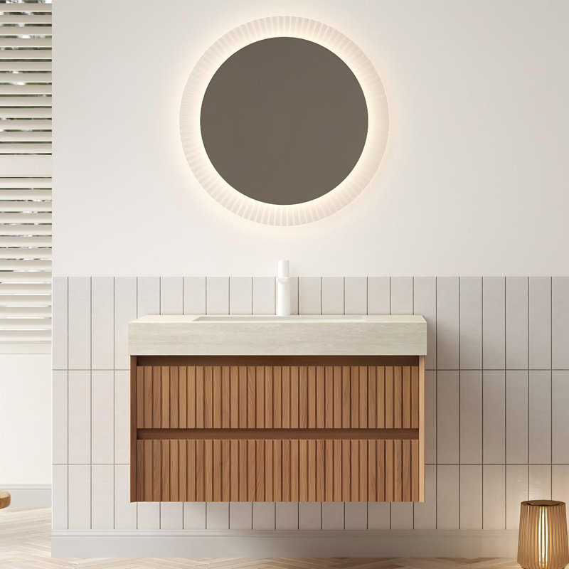 36" Floating Bathroom Vanity With Travertine Sintered Stone Top, Ceramic Undermount Sink & Striped Wood Drawer Design, Pre-Assembled