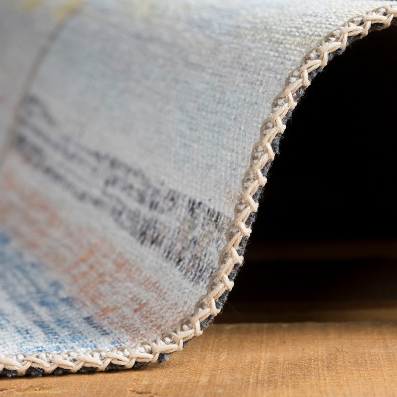 Tapis rayé gris / ivoire / bleu en polyester tissé à la machine Deflaco, Rectangle 6 pi 11 po x 10 pi 2 po