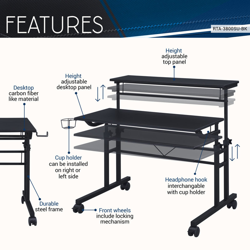 Techni Mobili Adjustable Metal Base Computer Desk, Black