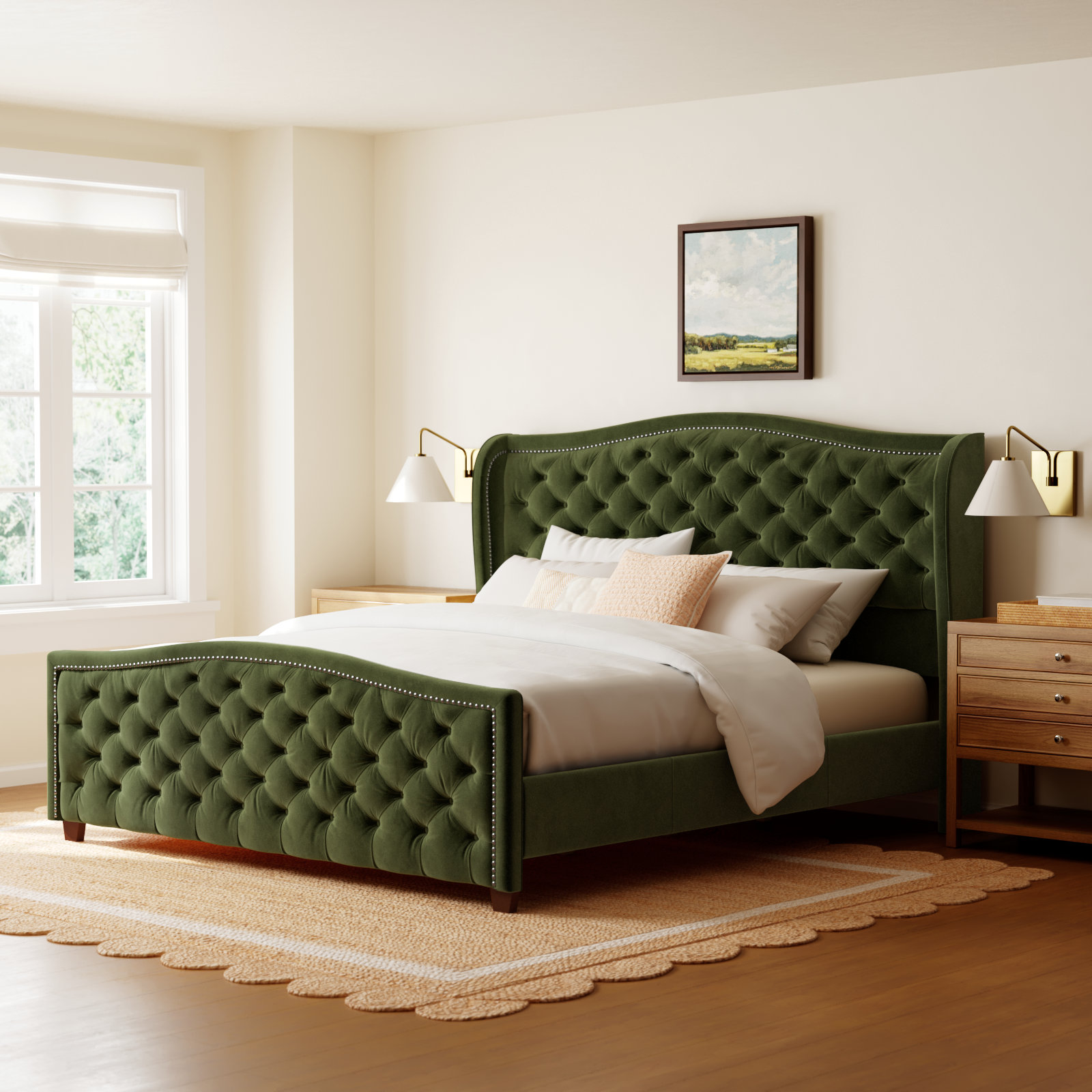 Coleman Velvet Upholstered Wingback Bed, Queen, Olive Green Velvet