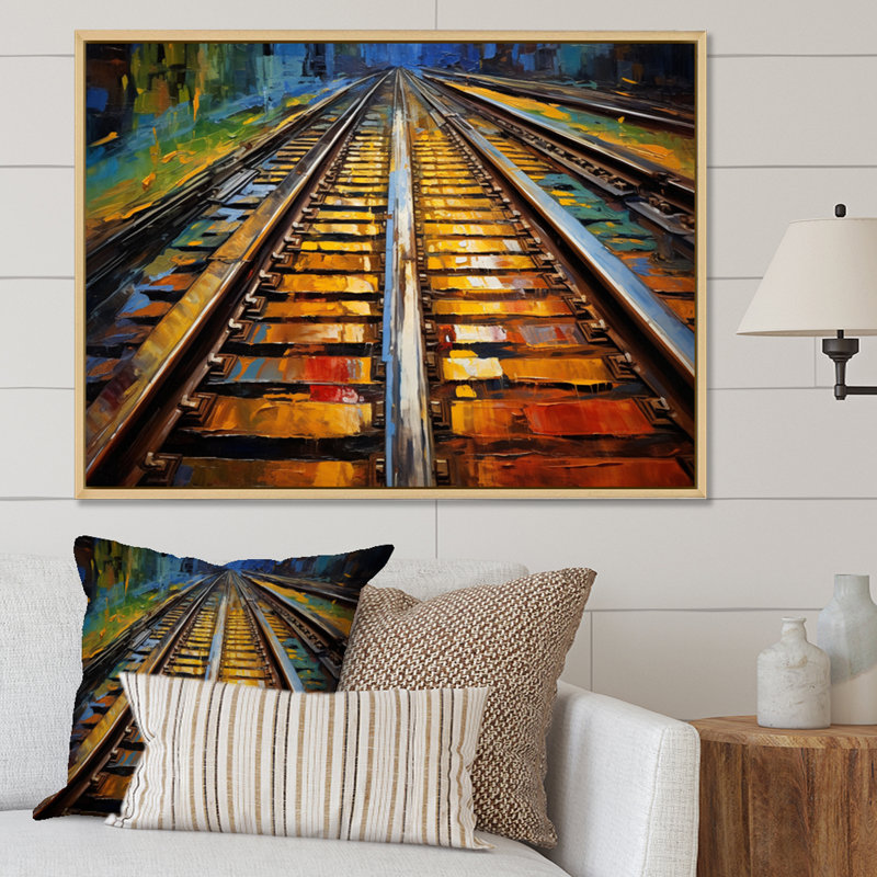 Orange Train Rails Track - Transportation Wall Art Living Room, H 30 po x l 40 po x P 1,5 po, Cadre naturel flottant