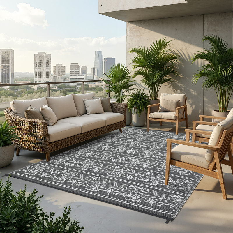Waterproof Reversible Outdoor Rug - Boho Leaf Design - Large, UV & Mark Resistant, Collapsible Plastic Patio Carpet with Stakes & Storage Bag for RV, Camping, Deck,  9x18ft