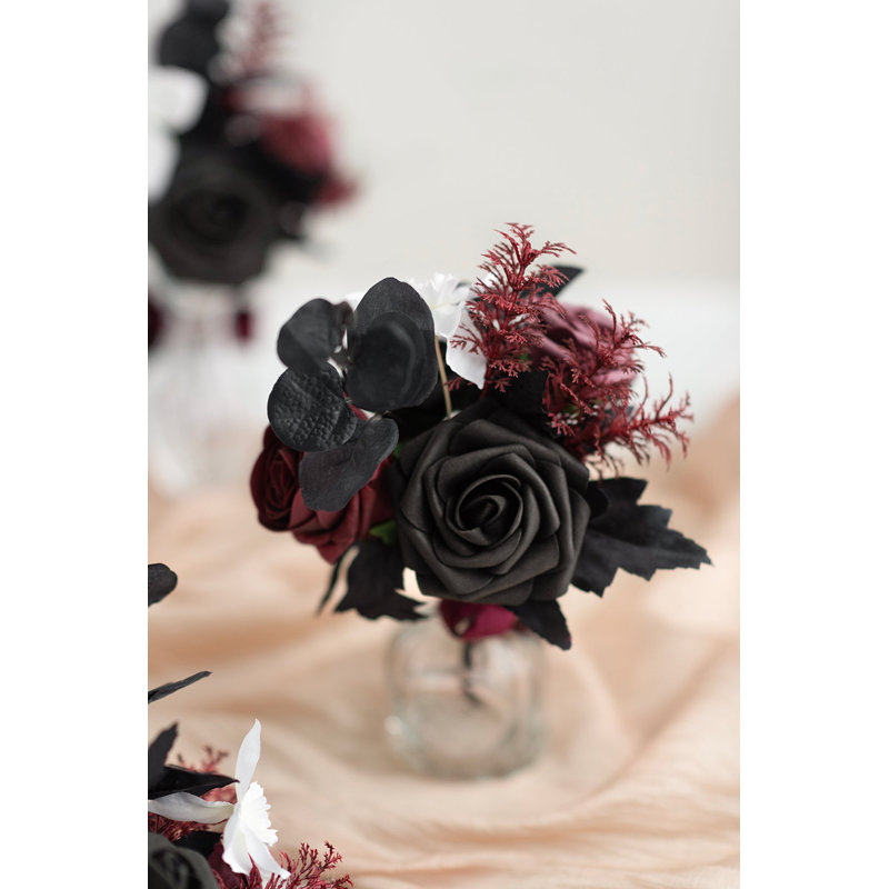Ensemble de centre de table floral prêt à l'emploi Ling's Moment Mini, coloris bourgogne et noir., Noir et bourgogne