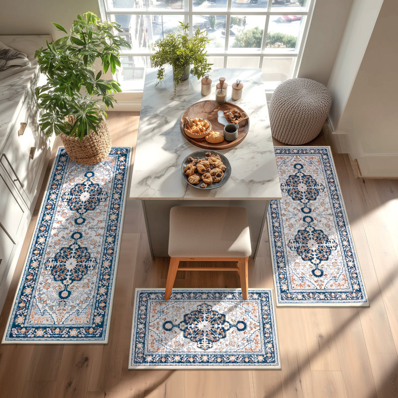 Non-Slip Kitchen Mat Runner Rug(Set of 3), Blue