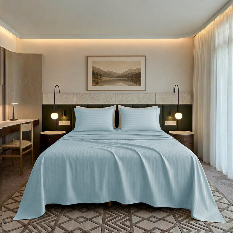 Ensemble de draps 100% coton 500 fils Threadmill, Twin XL Sheet Set with 1 Pillowcase, Rayures bleu clair