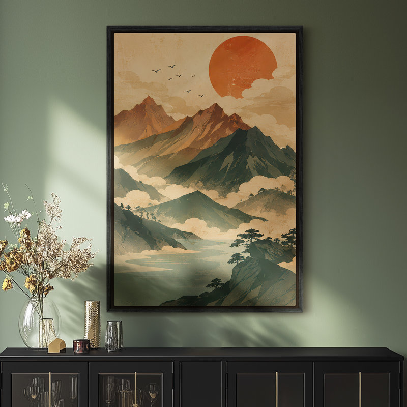 Art mural encadré - Paysage de montagne rétro avec soleil levant et rivière brumeuse - 16 po x 24 po, 24 po x 36 po, Black