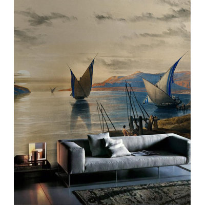 Papier peint amovible coucher de soleil avec voilier vue mer