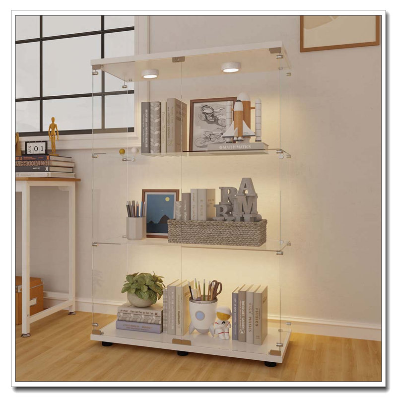 Vitrine en verre trempé avec éclairage à piles et pieds réglables, H 49,29 po x l 30,91 po x P 13,58 po, Blanc
