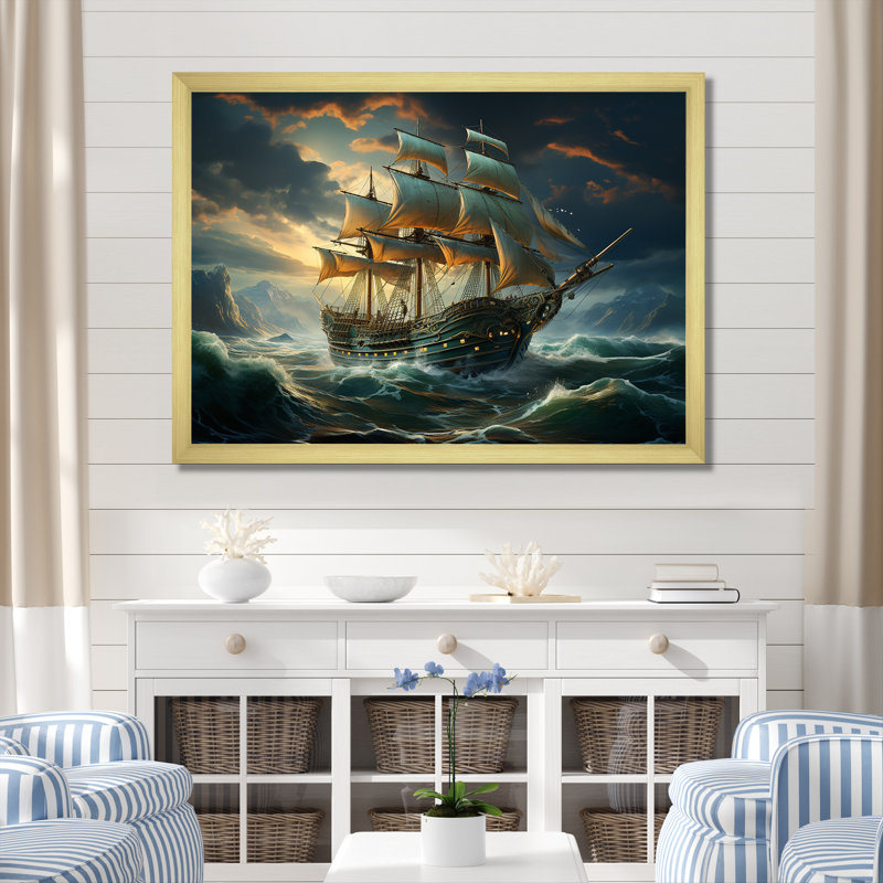 «Pirate Ship Legacy I», art mural pirate, H 34 po x l 44 po x P 1,5 po, Cadre doré à coins fermés