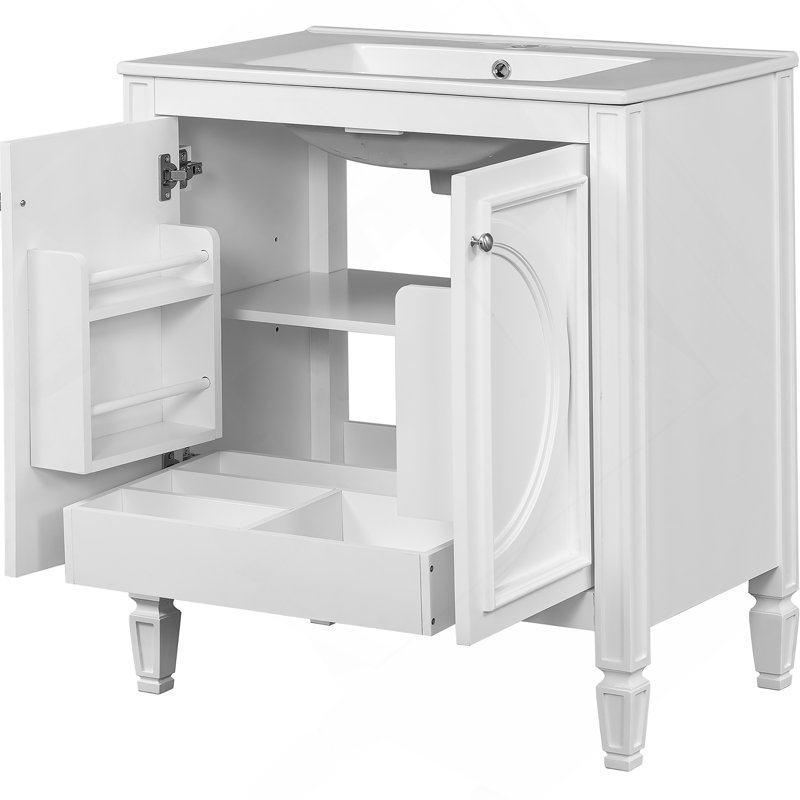 Meuble-lavabo de 30 po avec lavabo, deux portes avec tablette, charnières de porte à fermeture en douceur, style rétro, Blanc