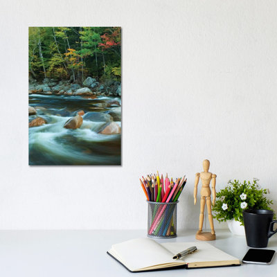 USA, New Hampshire. Autumn Trees And Flowing River. by Jaynes Gallery - Wrapped Canvas Print