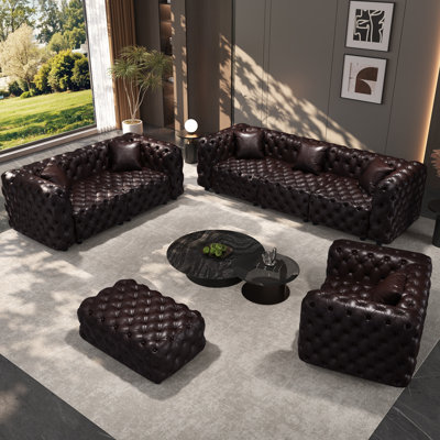 Ensemble de canapé moderne, canapé modulaire rembourré en similicuir 6 places avec conception touffetée à la main pure, 1 repose-pieds et 6 coussins, combinaison multiple pour le salon, brun foncé