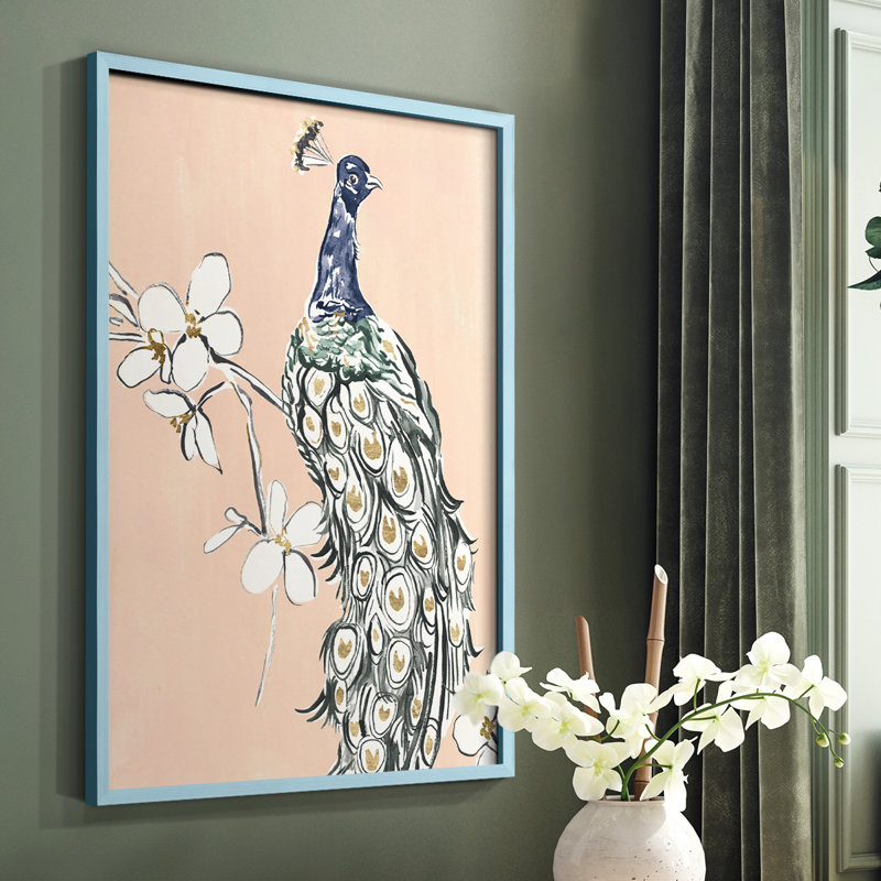 «Peacock in Gold III», reproduction encadrée - bois massif, Bleu, H 10 po x l 8 po