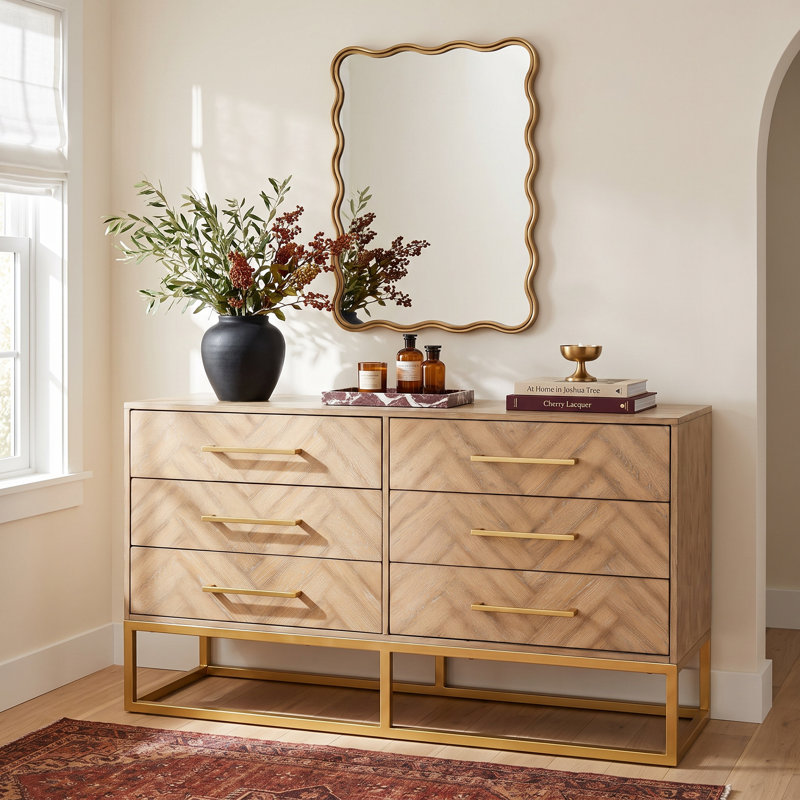 Sheldon 56'' W 6 - Drawer Dresser, Gold/Rustic Oak
