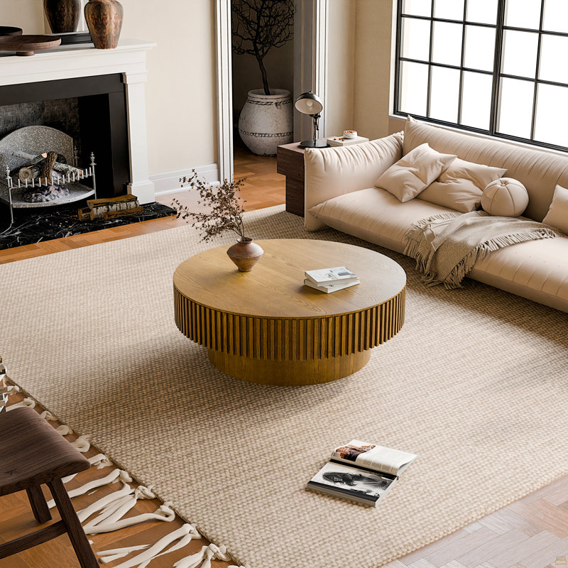 Table basse ronde 39,37 po avec rangement moderne en bois massif plaqué