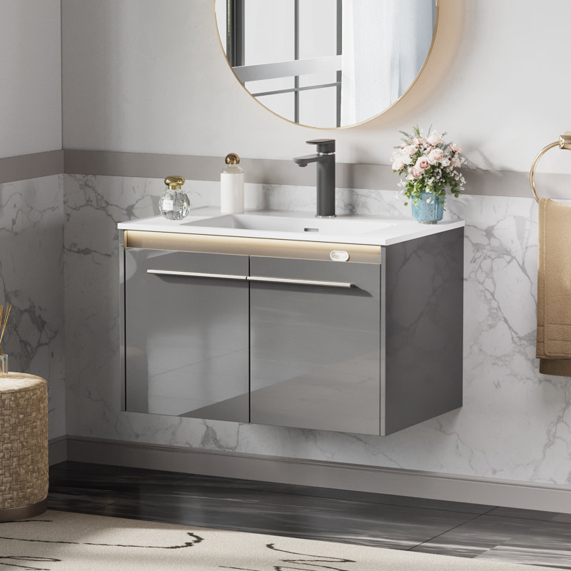  Ayanda High Gloss Bathroom Vanity with Sink Set, Gray, Gray