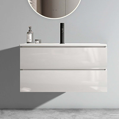 Grand meuble-lavabo de rangement mural avec lavabo en céramique avec 1 trou de robinet, lavabo une pièce sans drain et robinet, pré-assemblé